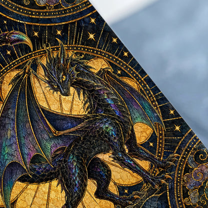 Detailed stained glass style artwork of a dark dragon against a golden and blue celestial background.