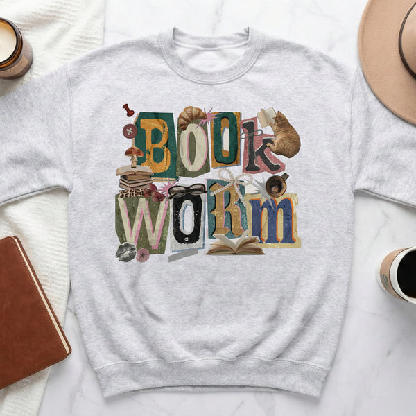 Book Worm Collage Sweatshirt in Ash