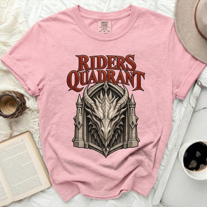 Pink Comfort Colors t-shirt with "RIDERS QUADRANT" and dragon emblem graphic.