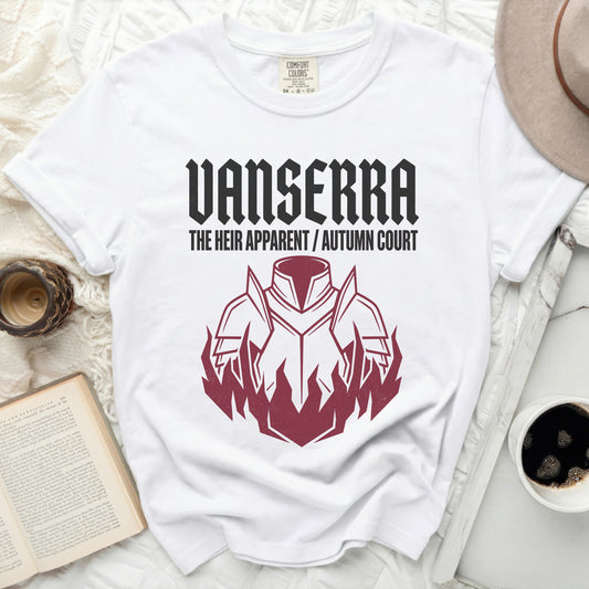 White t-shirt with Vanserra: The Heir Apparent/Autumn Court text and armor graphic.