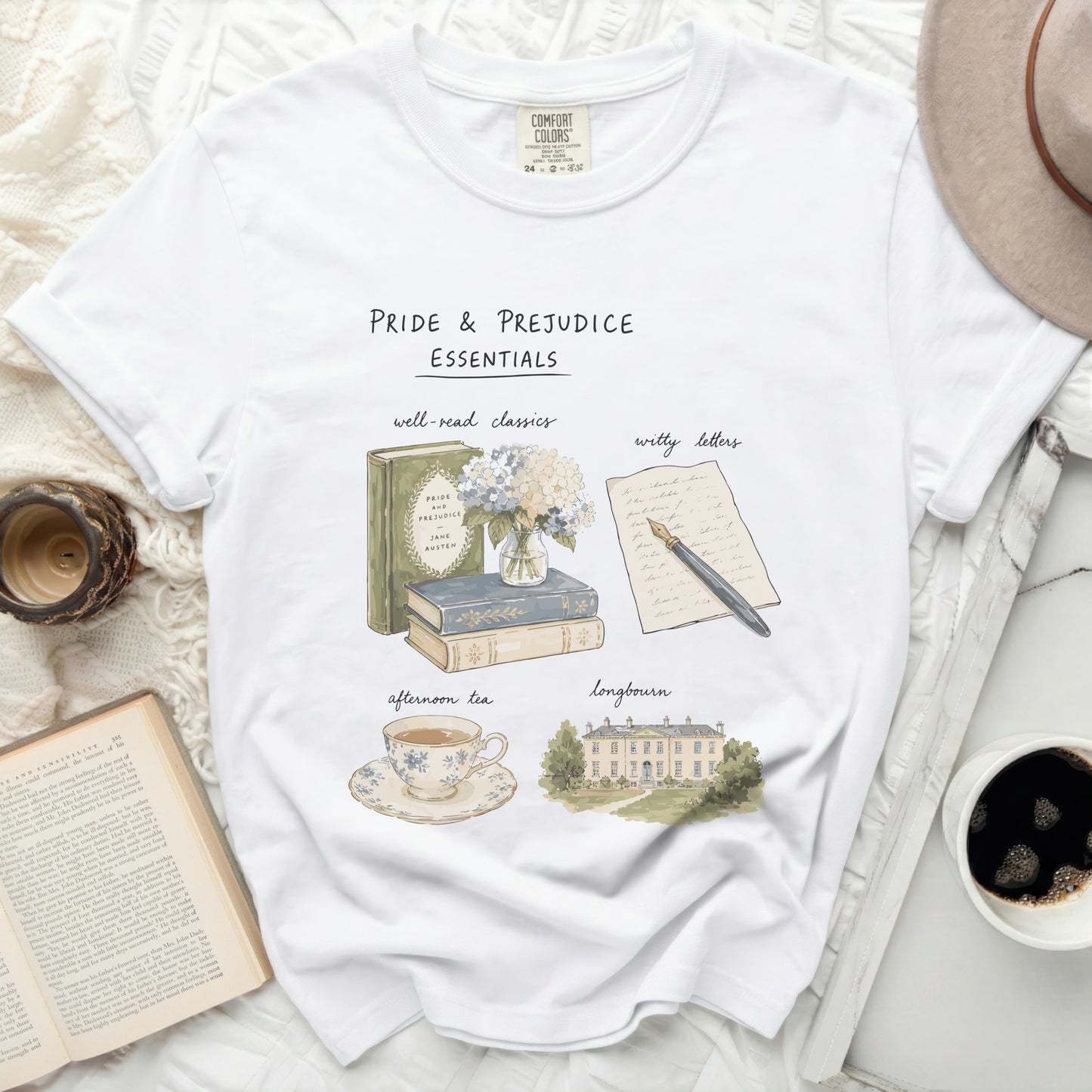 Pride & Prejudice Essentials t-shirt with illustrations of books, tea, and Longbourn.
