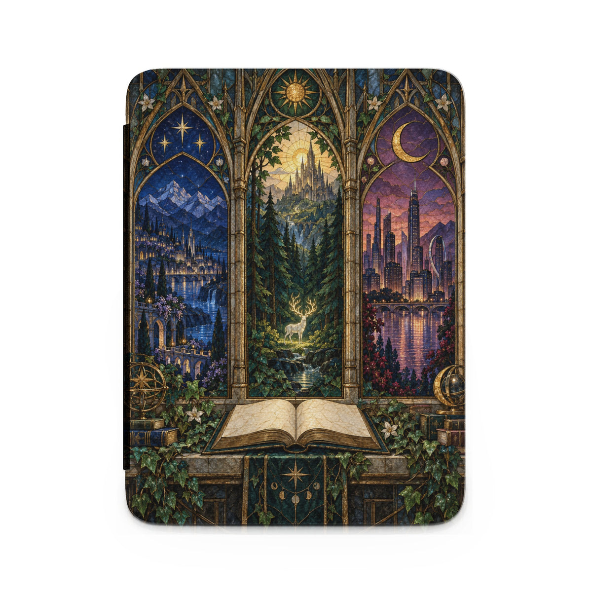Stained glass triptych depicting a starry night city, a castle in a forest, and a crescent moon city.