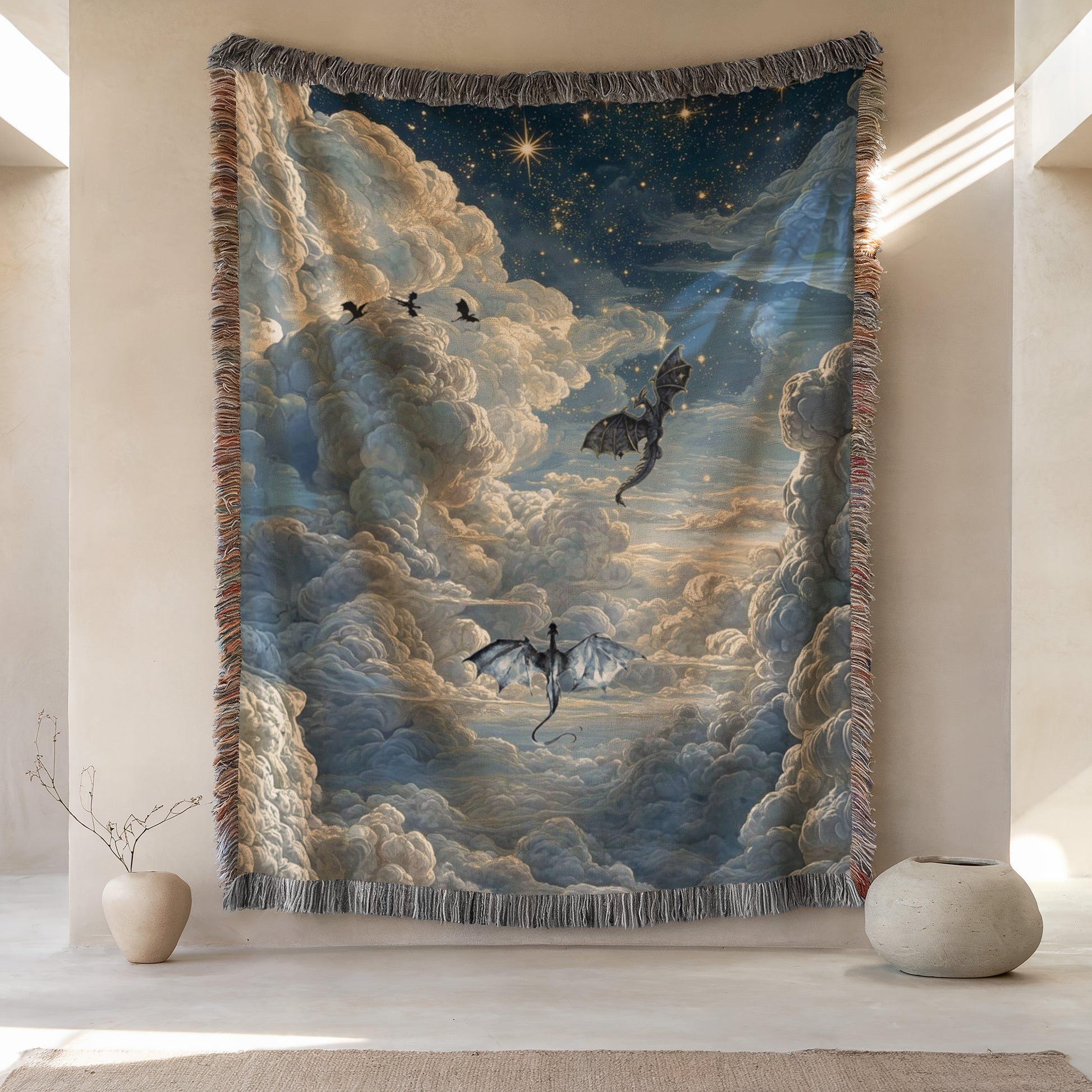 a large tapestry hanging on a wall, depicting a night sky with clouds and a dragon flying through it. The tapestry is framed by a decorative border and is placed between two small vases.