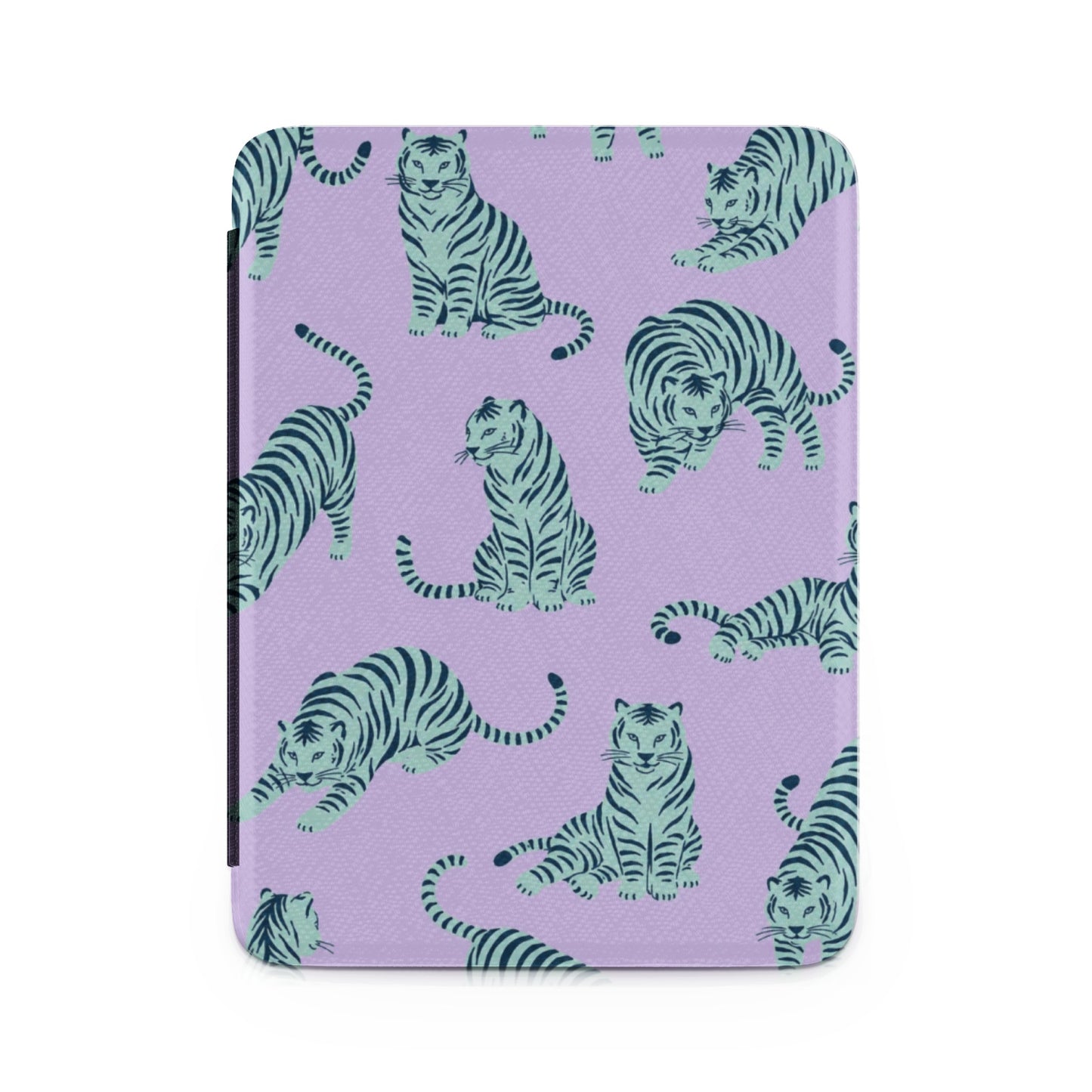 Light purple case with a repeating pattern of teal tigers in various poses.