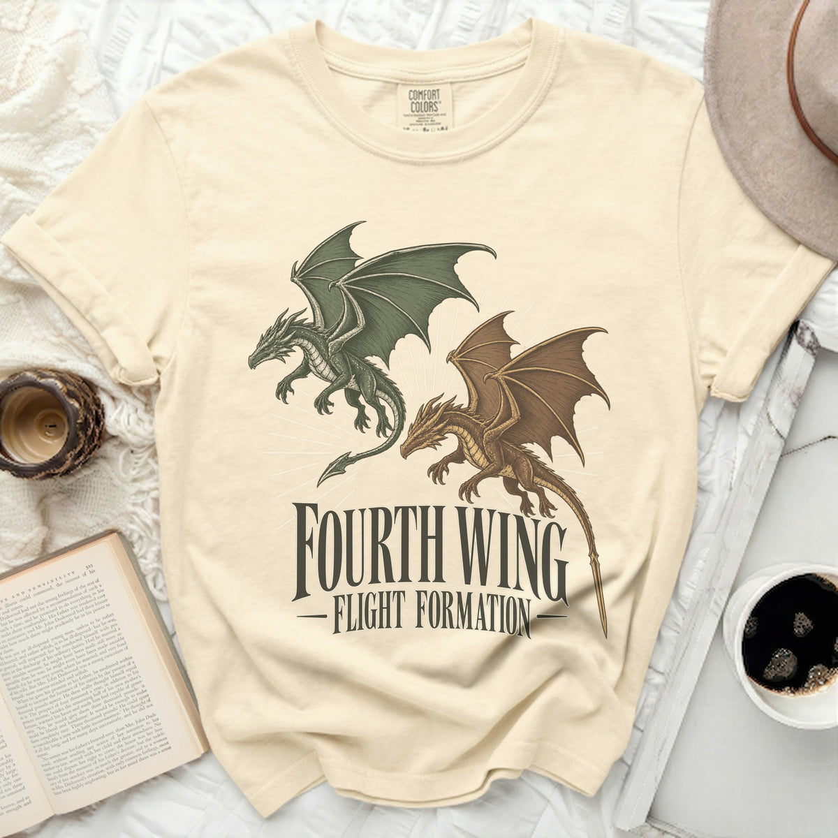 Beige t-shirt featuring two dragons, one green and one brown, with Fourth Wing Flight Formation text below.
