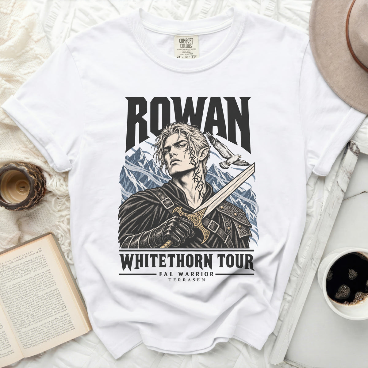 White t-shirt with Rowan Fae Warrior graphic and "Whitethorn Tour" text.