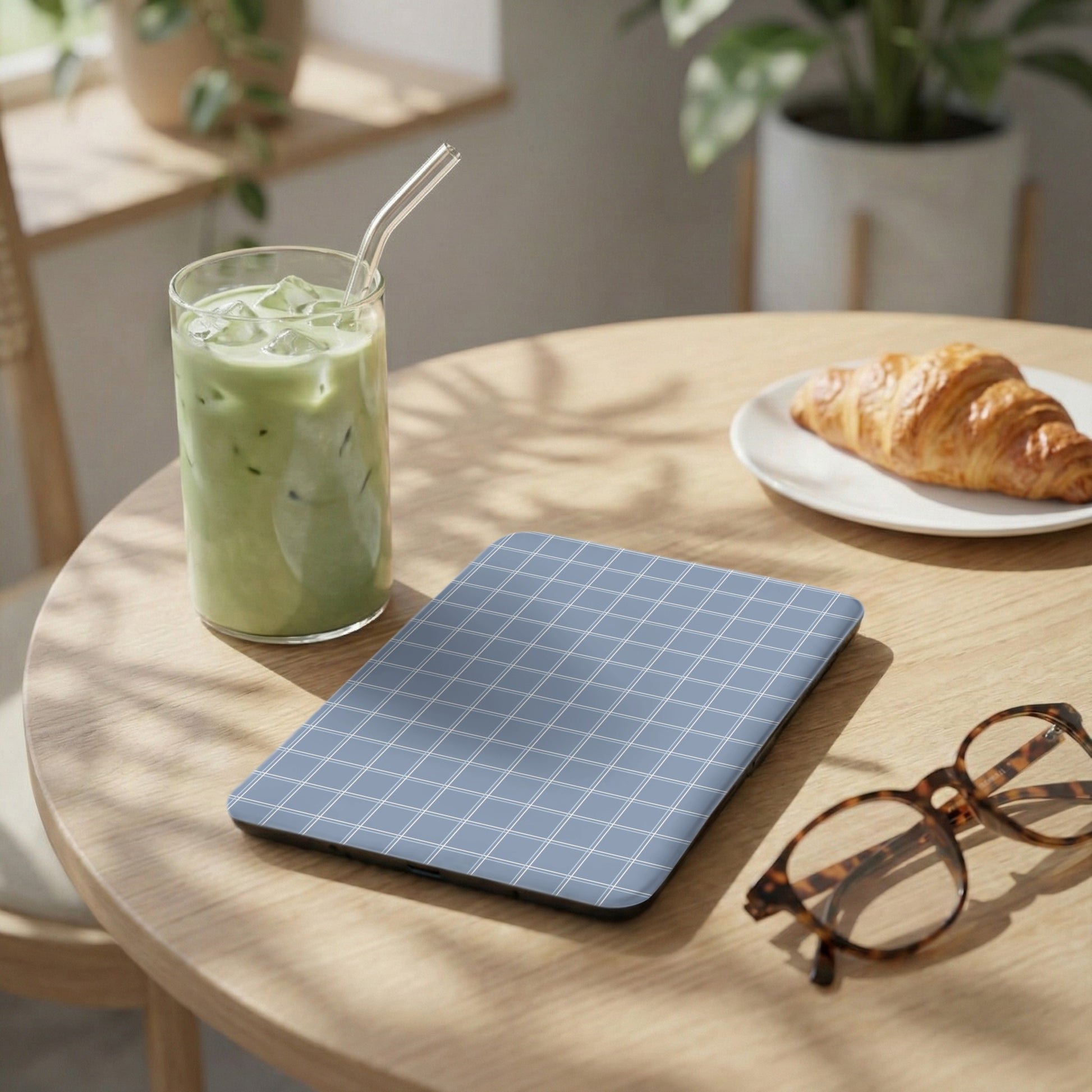 Minimalist Blue Grid Pattern on Desk Mat Decor Product
