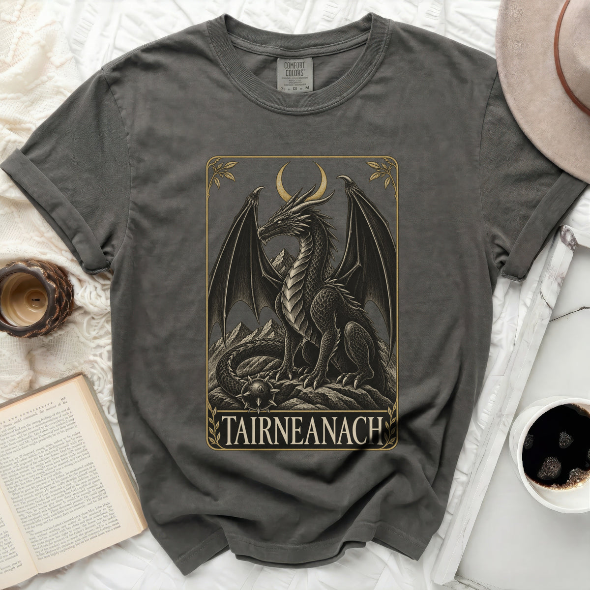 Dark grey t-shirt with a vintage dragon illustration and the text "TAIRNEANACH".