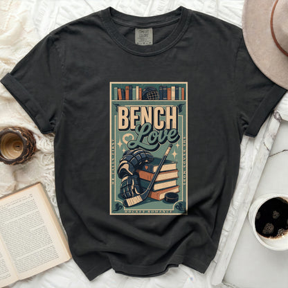T-shirt with "Bench Love Hockey Romance" book cover design.