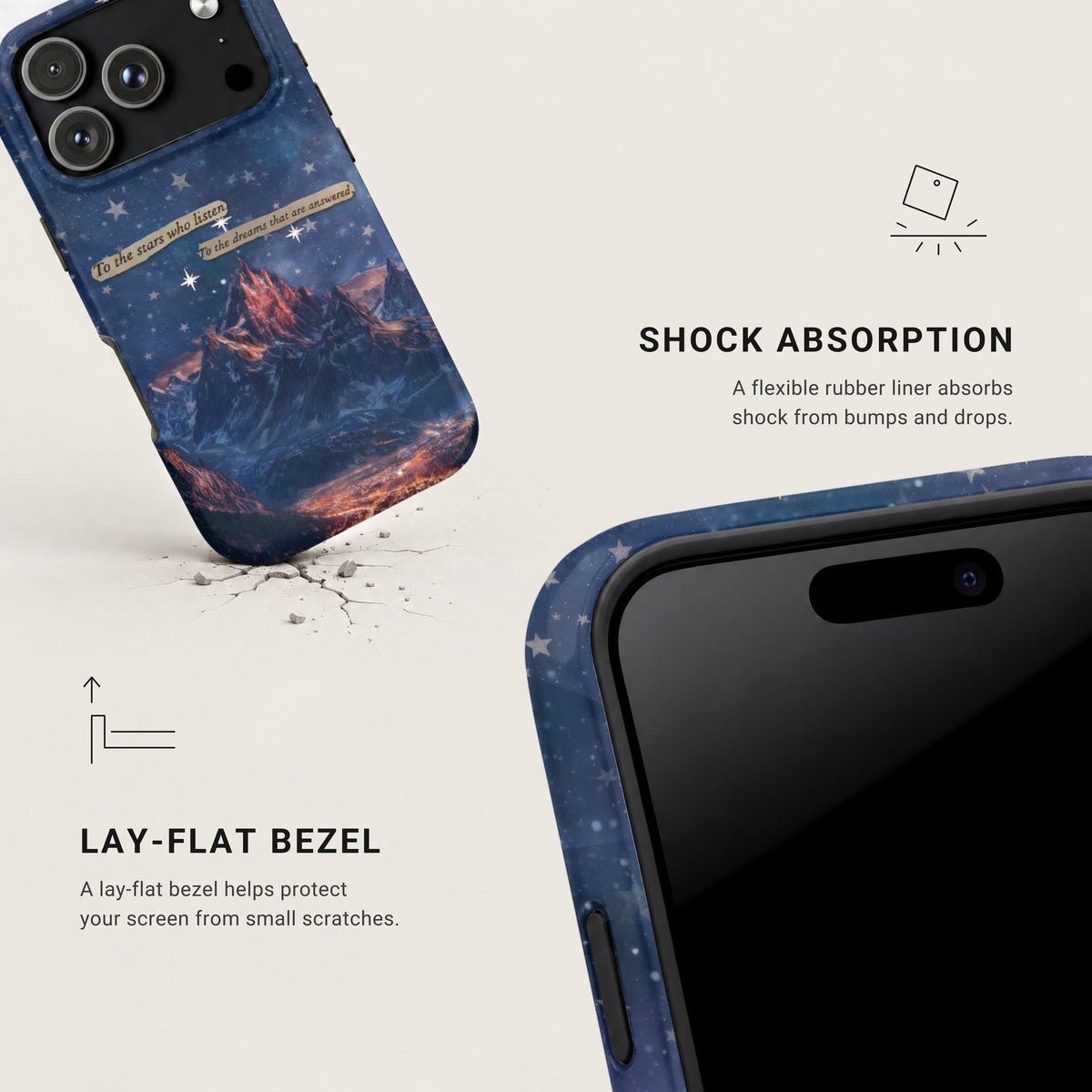 A phone case with a starry mountain landscape and text graphics features shock absorption and a lay-flat bezel.