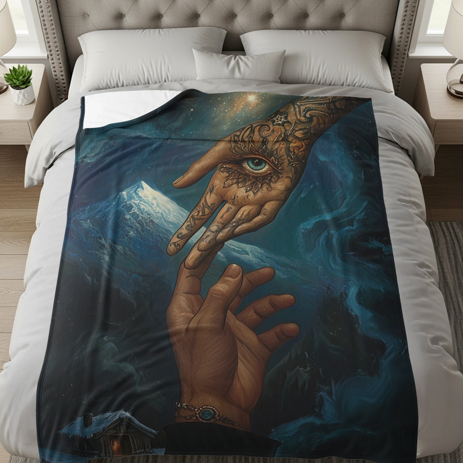 Mystical Tattooed Hand and Mountains Bedding Blanket
