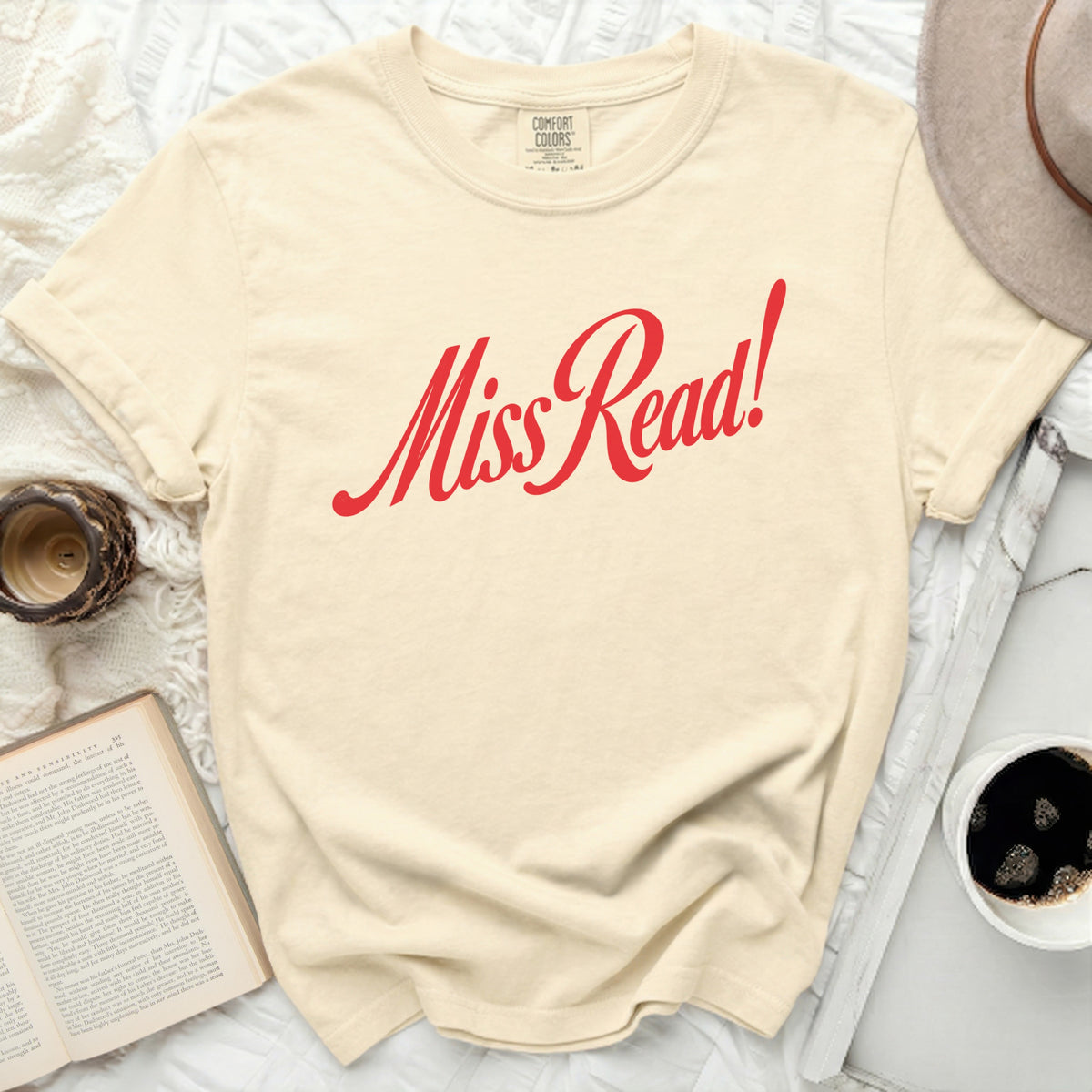 Cream t-shirt with red "Miss Read!" graphic and Comfort Colors tag.