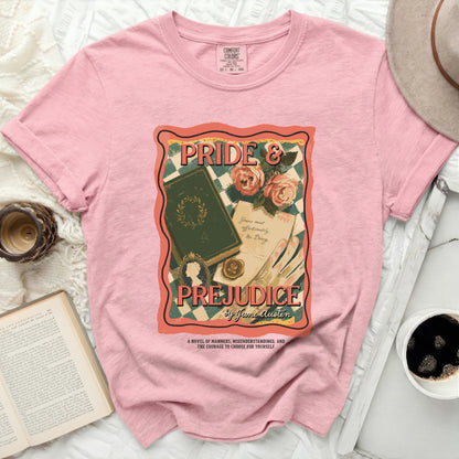 Pink t-shirt with a "Pride & Prejudice" book cover graphic by Jane Austen.