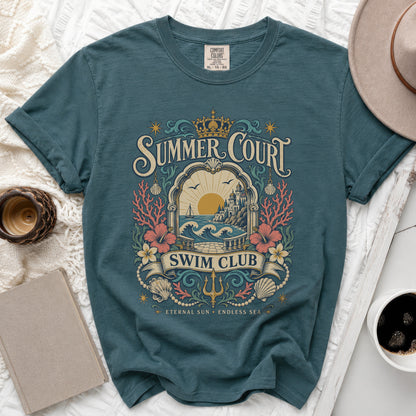 Teal t-shirt with "Summer Court Swim Club" graphic and coastal design.