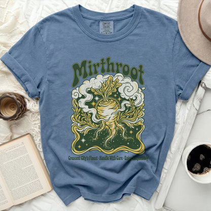 Blue t-shirt with "Mirhroot" and root vegetable graphic.