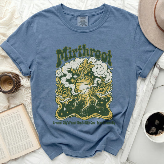 Blue t-shirt with "Mirhroot" and root vegetable graphic.