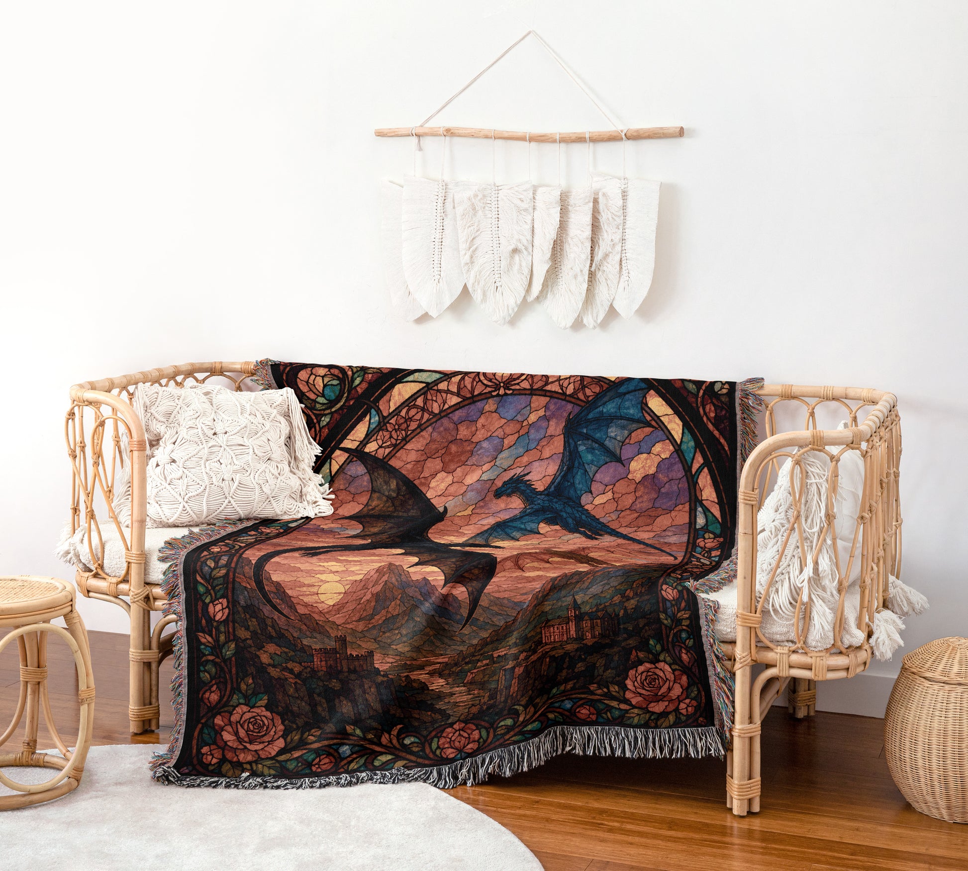 a cozy living space with a woven bench, a colorful dragon-themed blanket, and a hanging wall decoration.