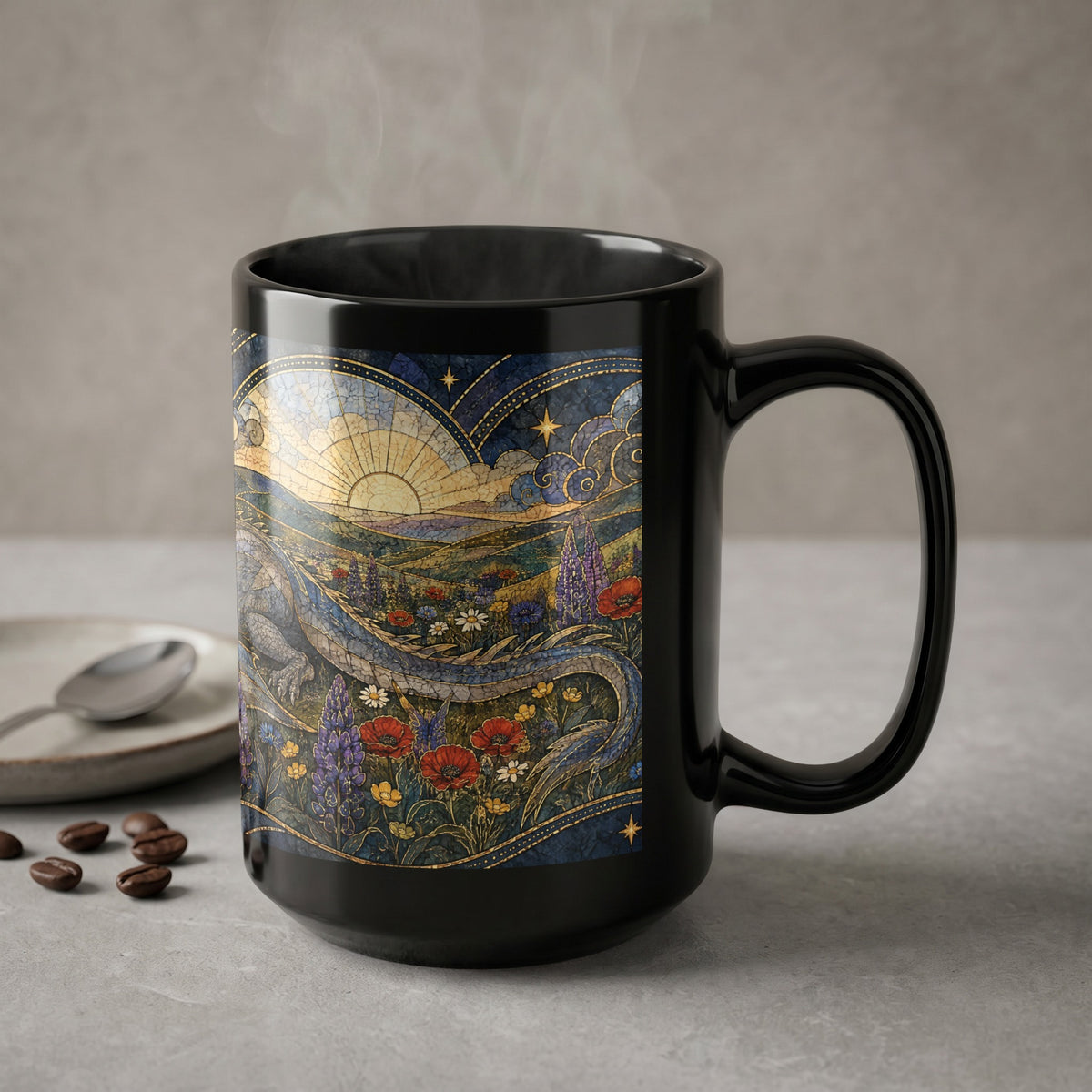 Black ceramic mug with a stained glass style dragon and landscape design on a neutral surface.