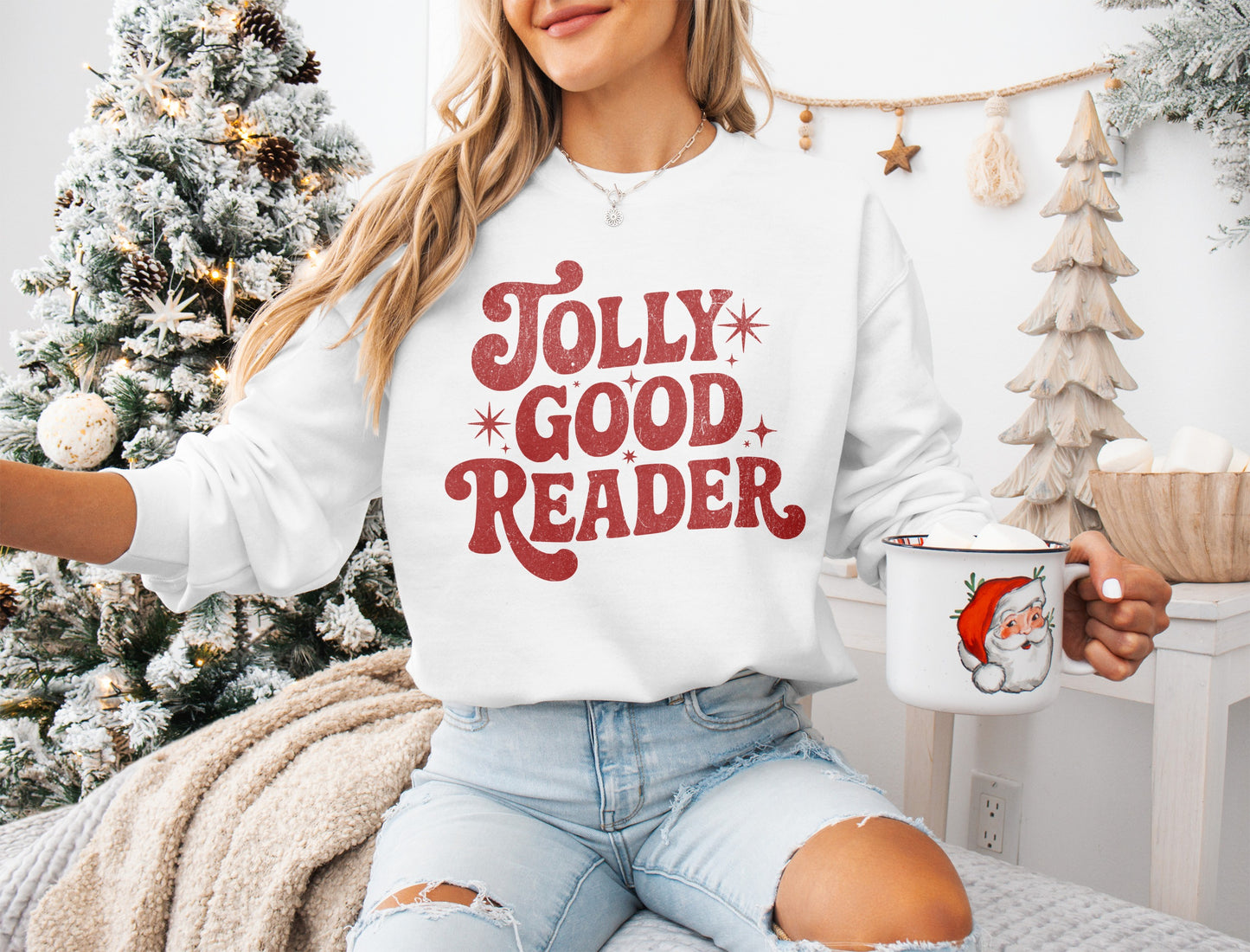 Jolly Good Reader Graphic Sweatshirt Festive Winter Apparel