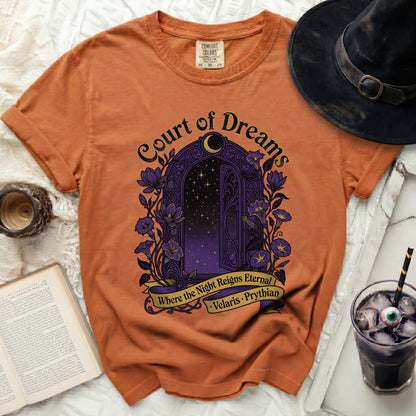 Orange t-shirt with "Court of Dreams" and starry door graphic.