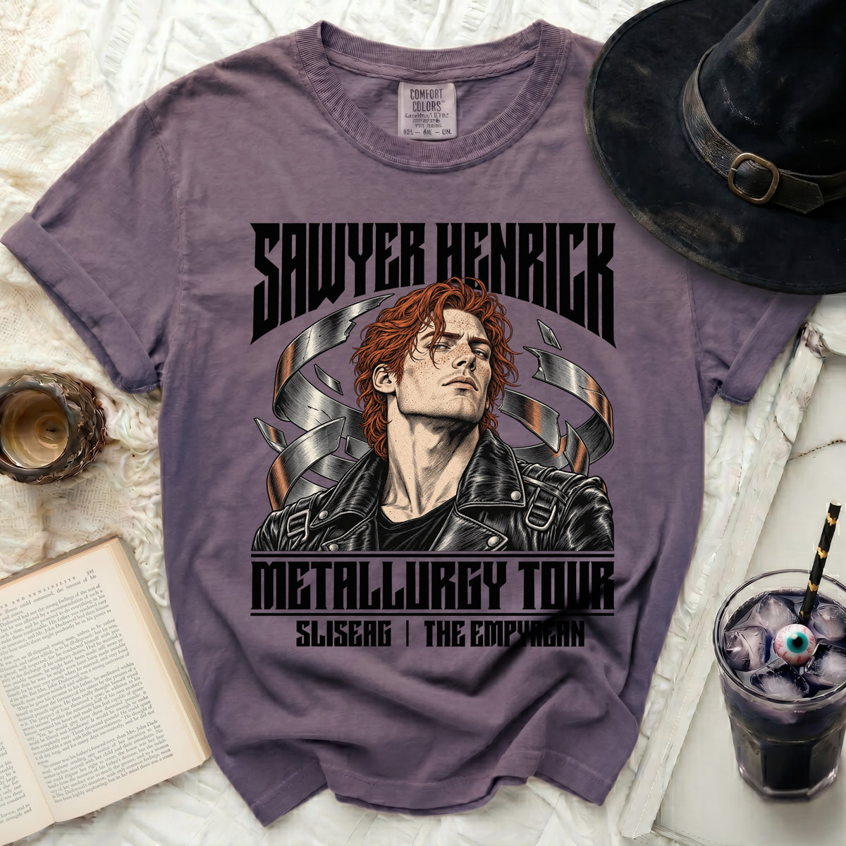 Purple t-shirt with Sawyer Henrick Metallurgy Tour graphic and band names.