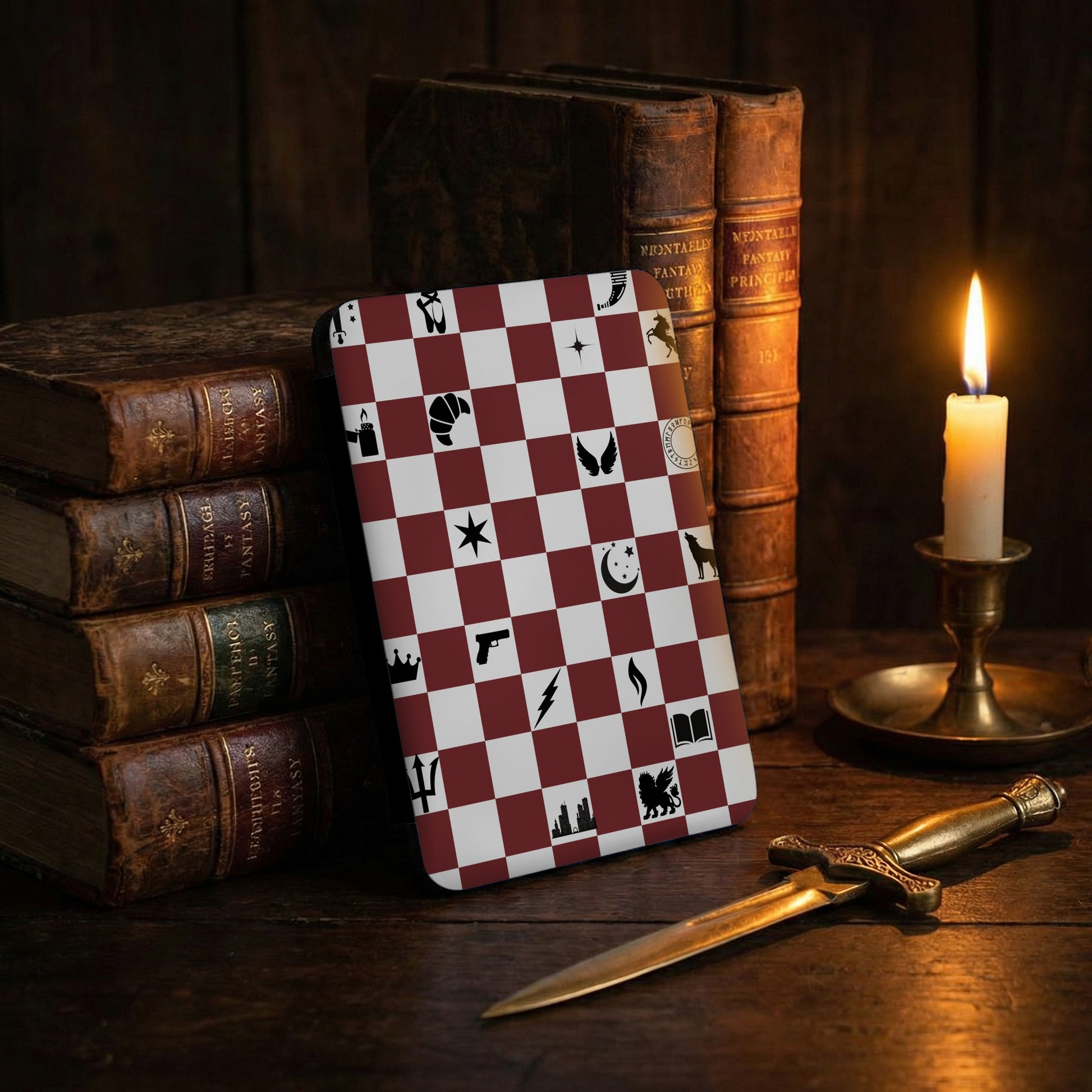 Checkered Maroon White Pattern Mystical Symbols product type