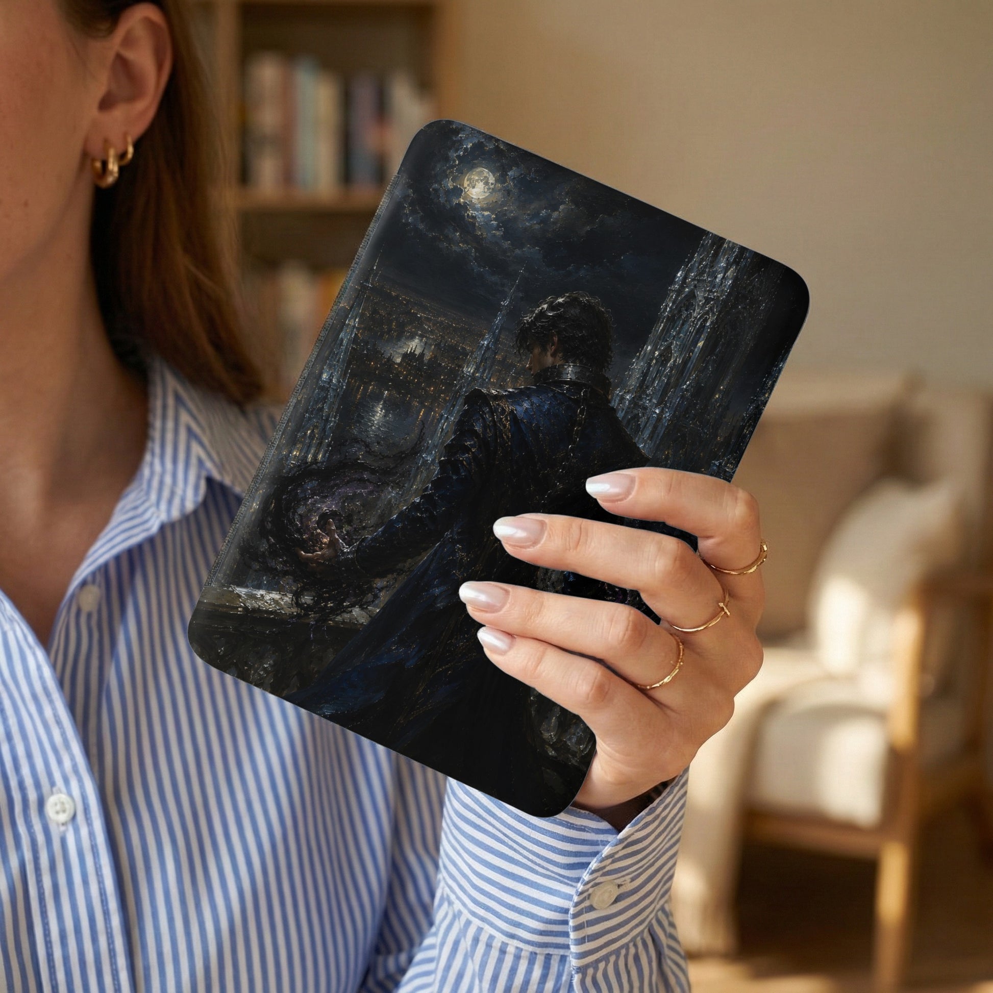 Tablet case with dark fantasy artwork of a man under a full moon.