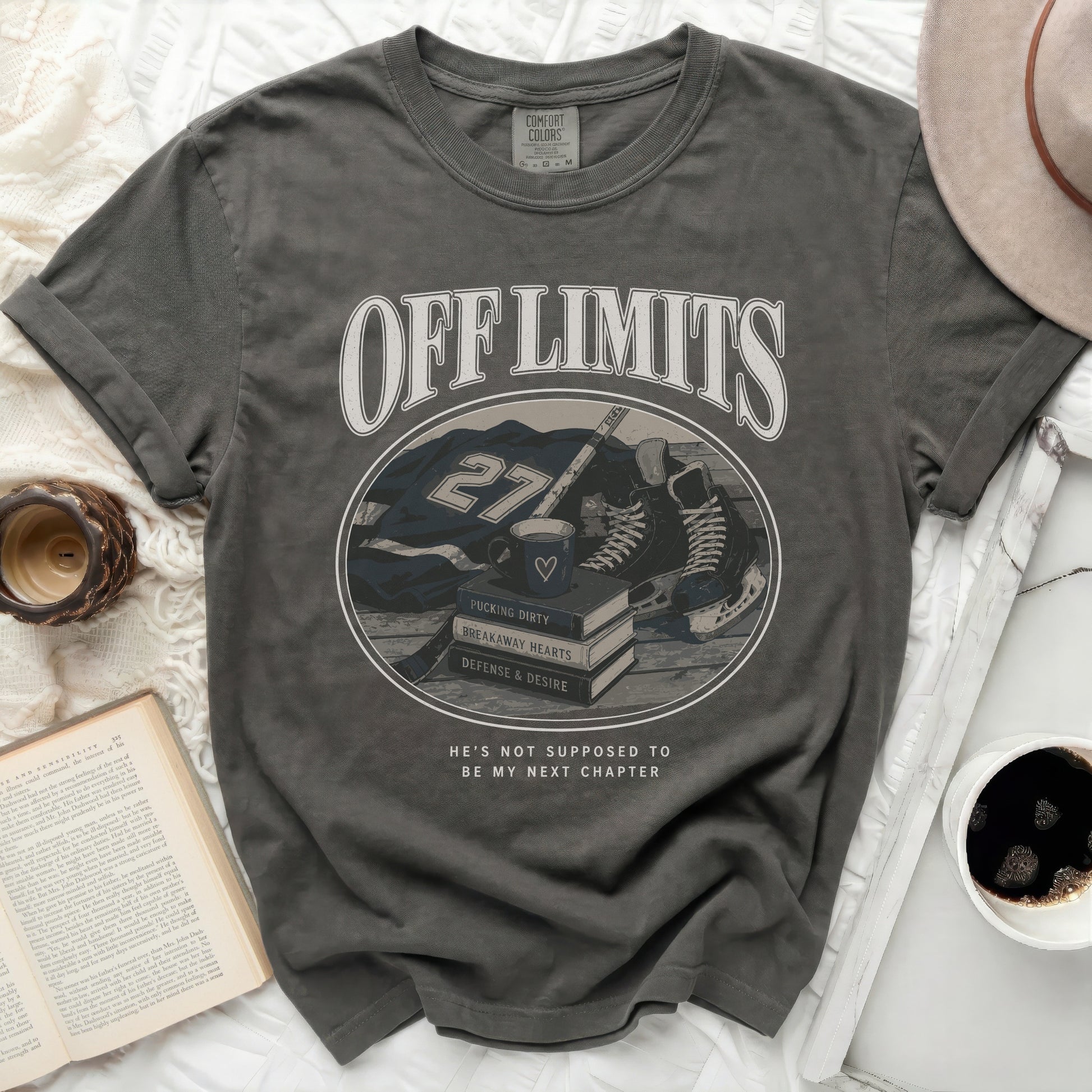 Grey t-shirt with "OFF LIMITS" graphic and hockey elements.