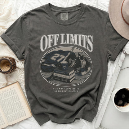 Grey t-shirt with "OFF LIMITS" graphic and hockey elements.