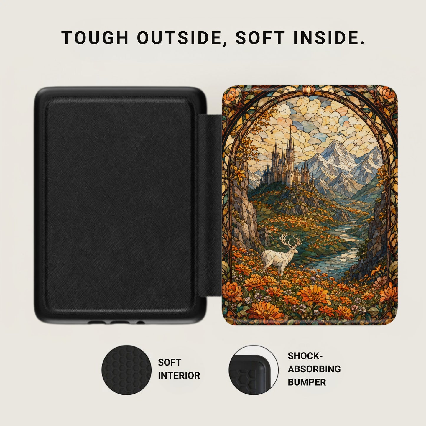 Black case with stained glass castle and deer art, soft interior, shock-absorbing bumper.