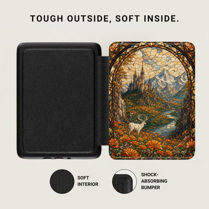 Black case with stained glass castle and deer art, soft interior, shock-absorbing bumper.
