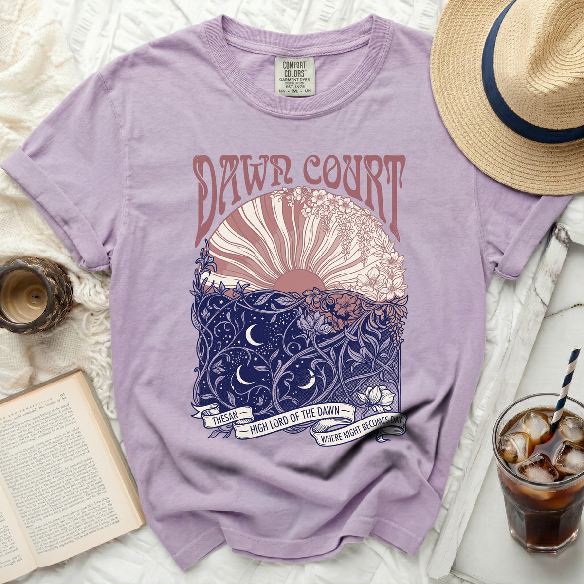 Purple t-shirt with "DAWN COURT HIGH LORD OF THE DAWN" graphic.