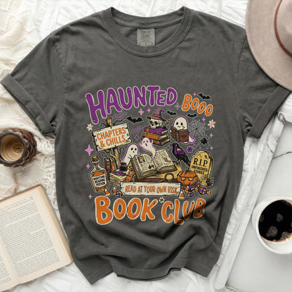 Grey t-shirt with "Haunted Booook Club" Halloween graphic.