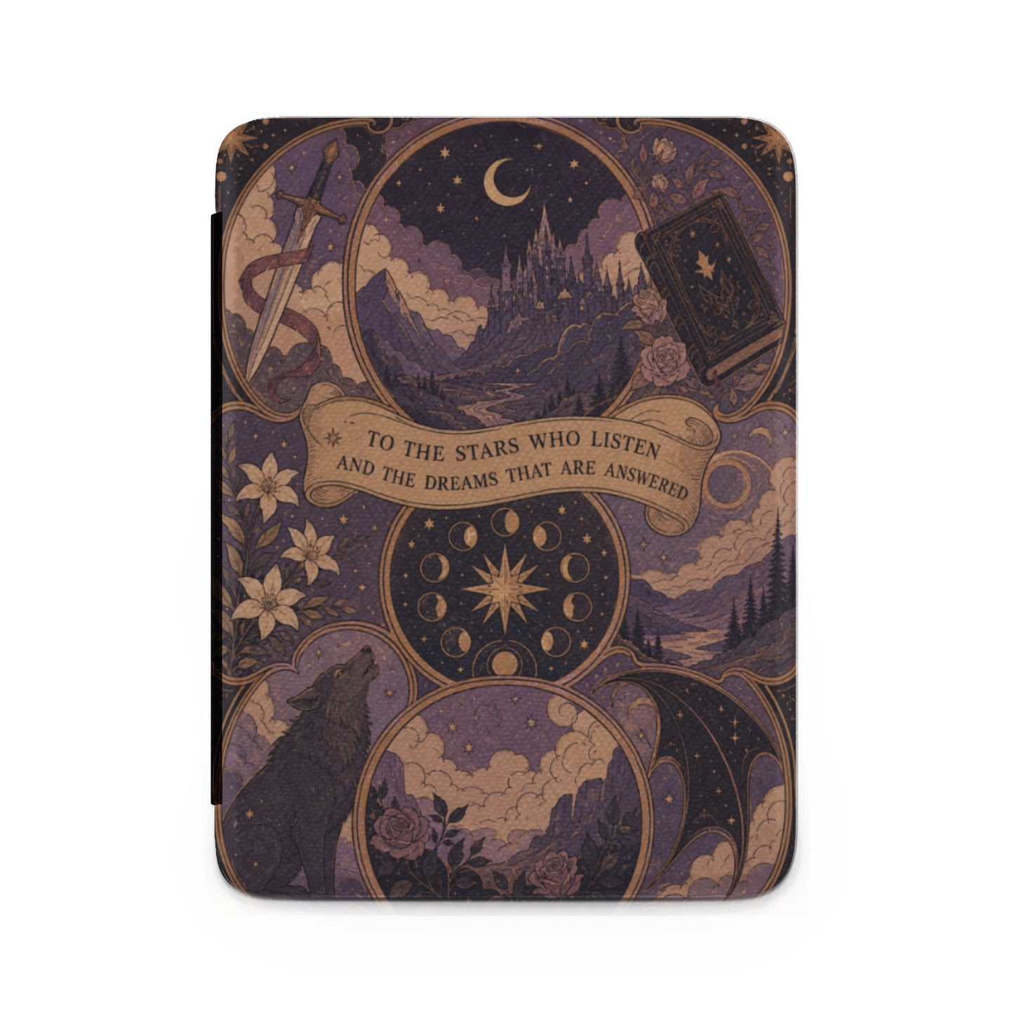 Book cover with ornate celestial, wolf, and castle design. Text says "To the stars who listen and the dreams that are answered."