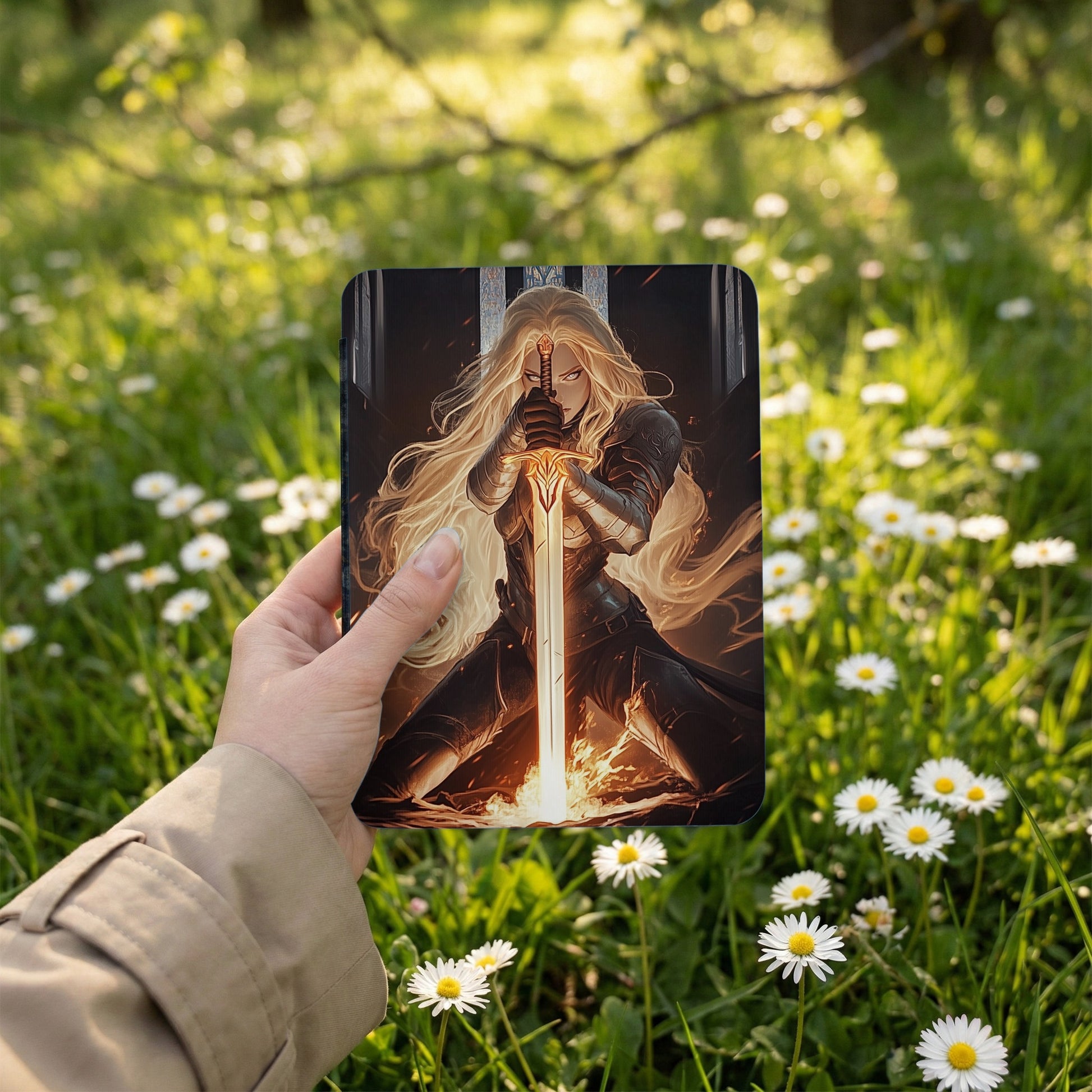 Blonde female warrior glowing sword epic battle artwork product type