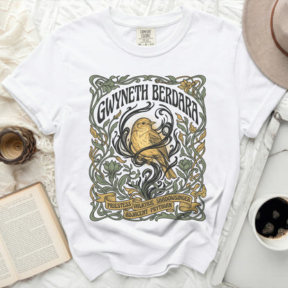 White t-shirt with art nouveau design featuring a bird and text.
