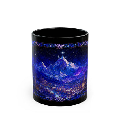 Black mug with a stained-glass style fantasy mountain and city scene.
