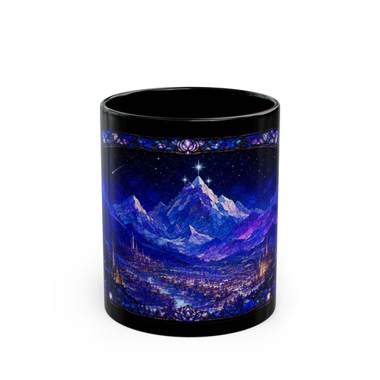 Black mug with a stained-glass style fantasy mountain and city scene.