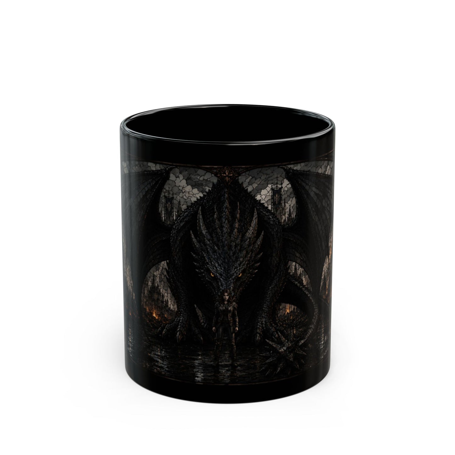 Black mug with a detailed black dragon and a person standing in front of a city.