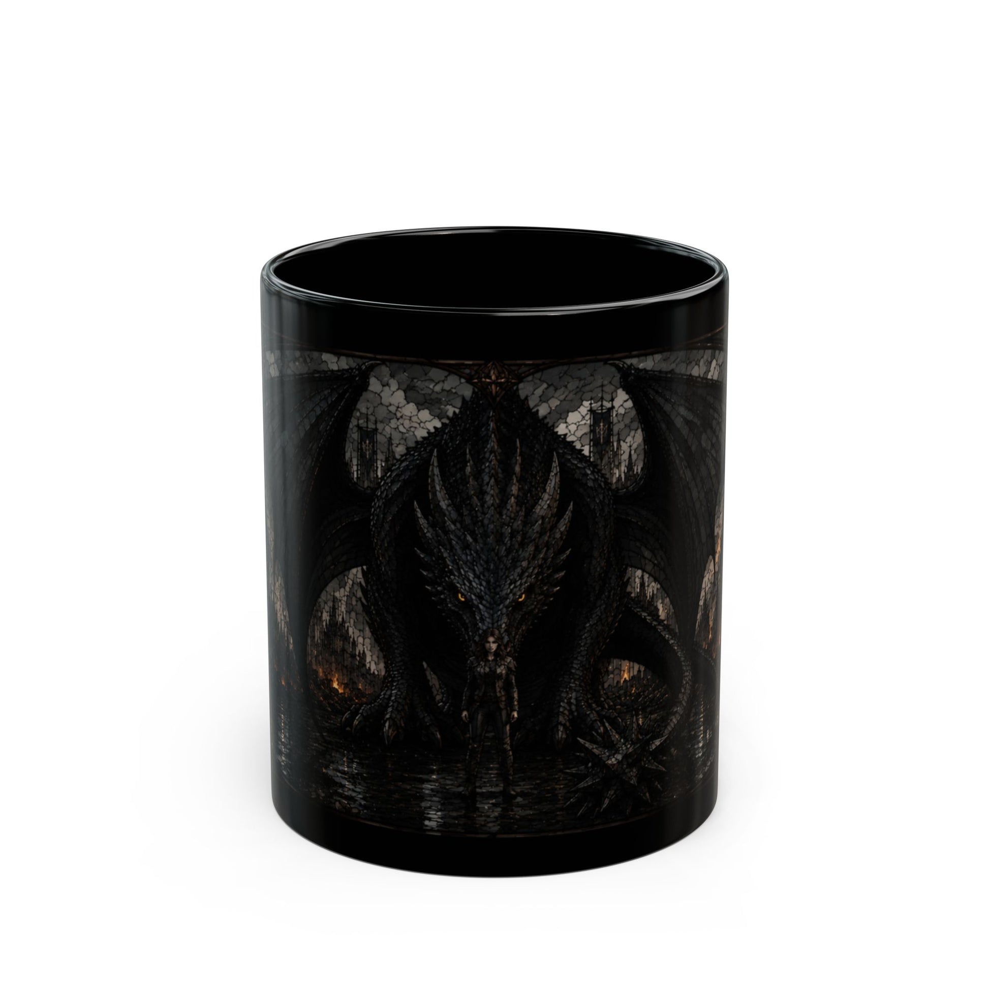 Black mug with a detailed black dragon and a person standing in front of a city.