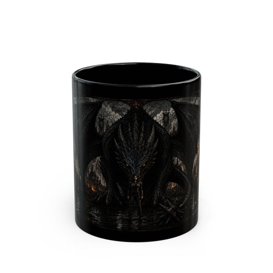 Black mug with a detailed black dragon and a person standing in front of a city.