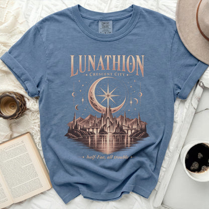 Blue t-shirt with Lunathion Crescent City fantasy castle and half-Fae text.