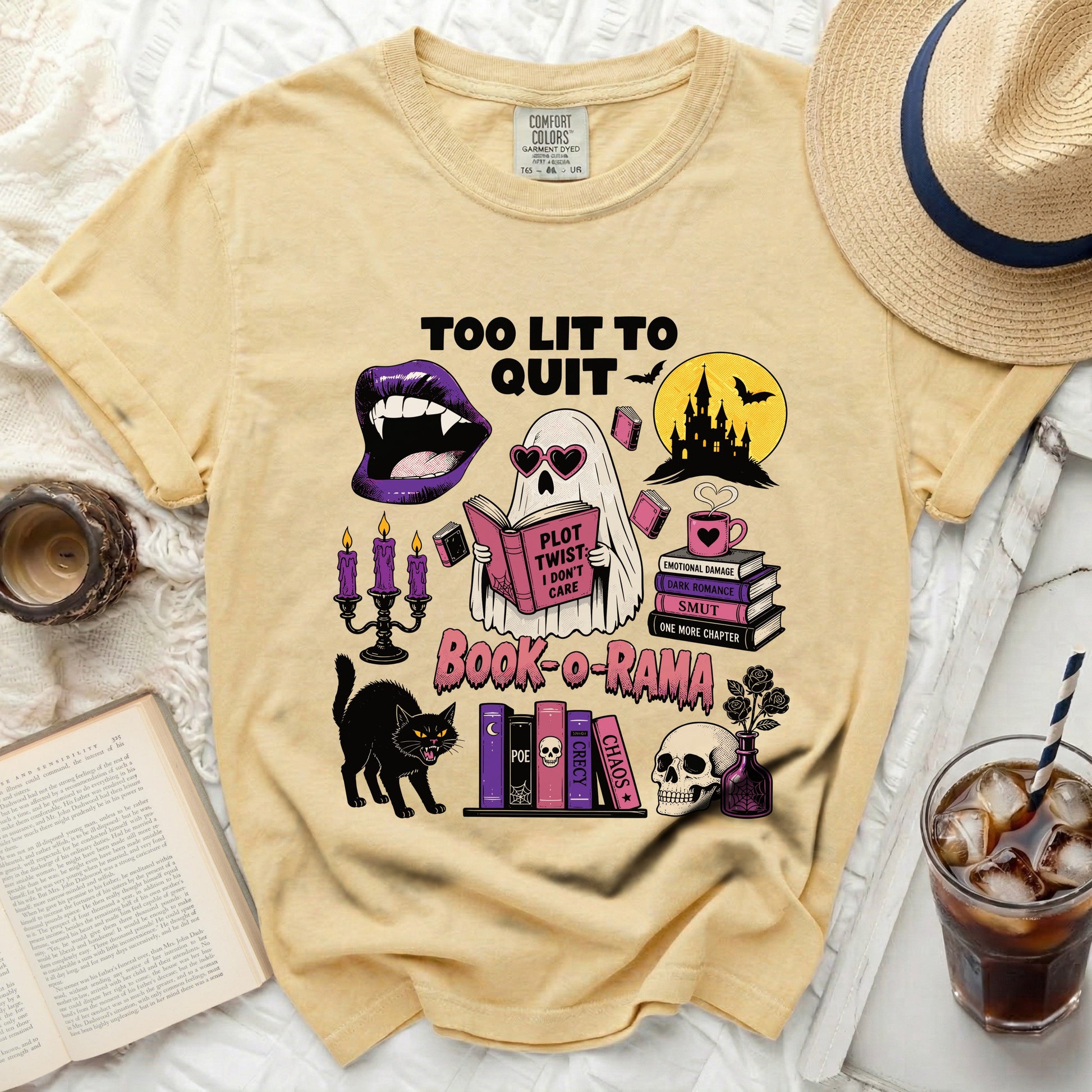 Yellow t-shirt with "Too Lit to Quit" and "Book-o-Rama" graphic.