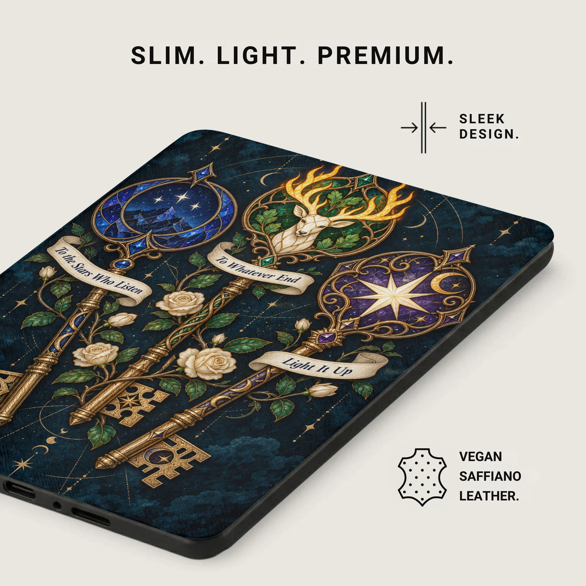 Dark phone case with golden keys, celestial designs, roses, and text.