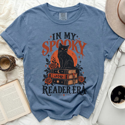 Black cat on stacked books with "In My Spooky Reader Era" text.