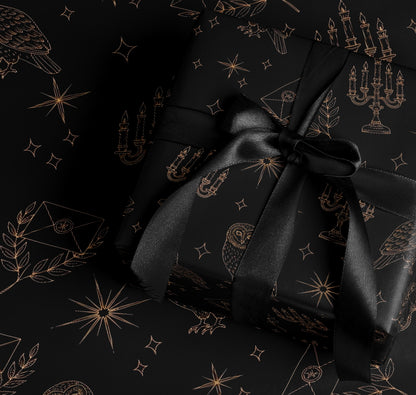 Elegant Black Gift Wrap with Magical Design Elements