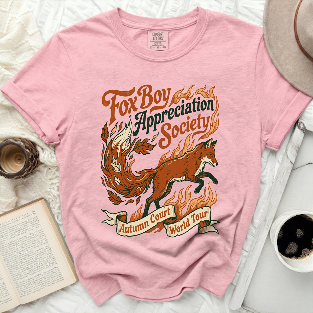 Pink t-shirt with "Fox Boy Appreciation Society Autumn Court World Tour" graphic.