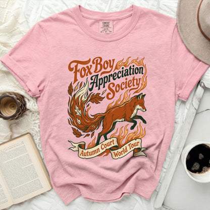 Pink t-shirt with "Fox Boy Appreciation Society Autumn Court World Tour" graphic.