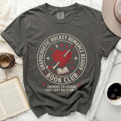T-shirt with "Unapologetic Hockey Romance Reader" and book club text.