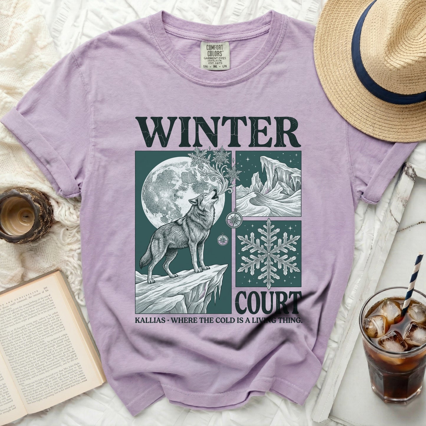 Purple t-shirt with "WINTER COURT" graphic featuring a wolf.